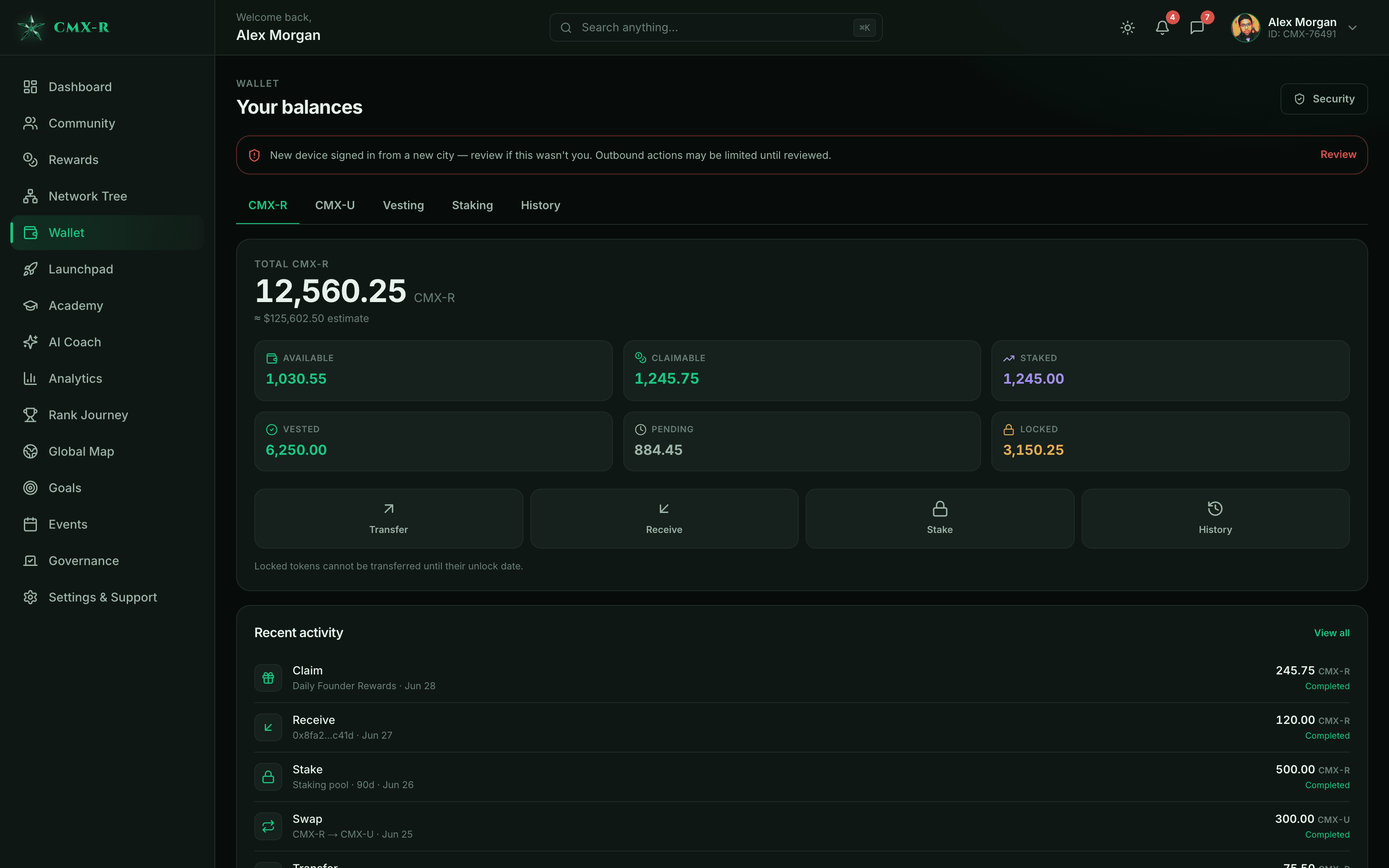 CMX HUB wallet - CMX-R and CMX-U balances, vesting, staking and transaction history
