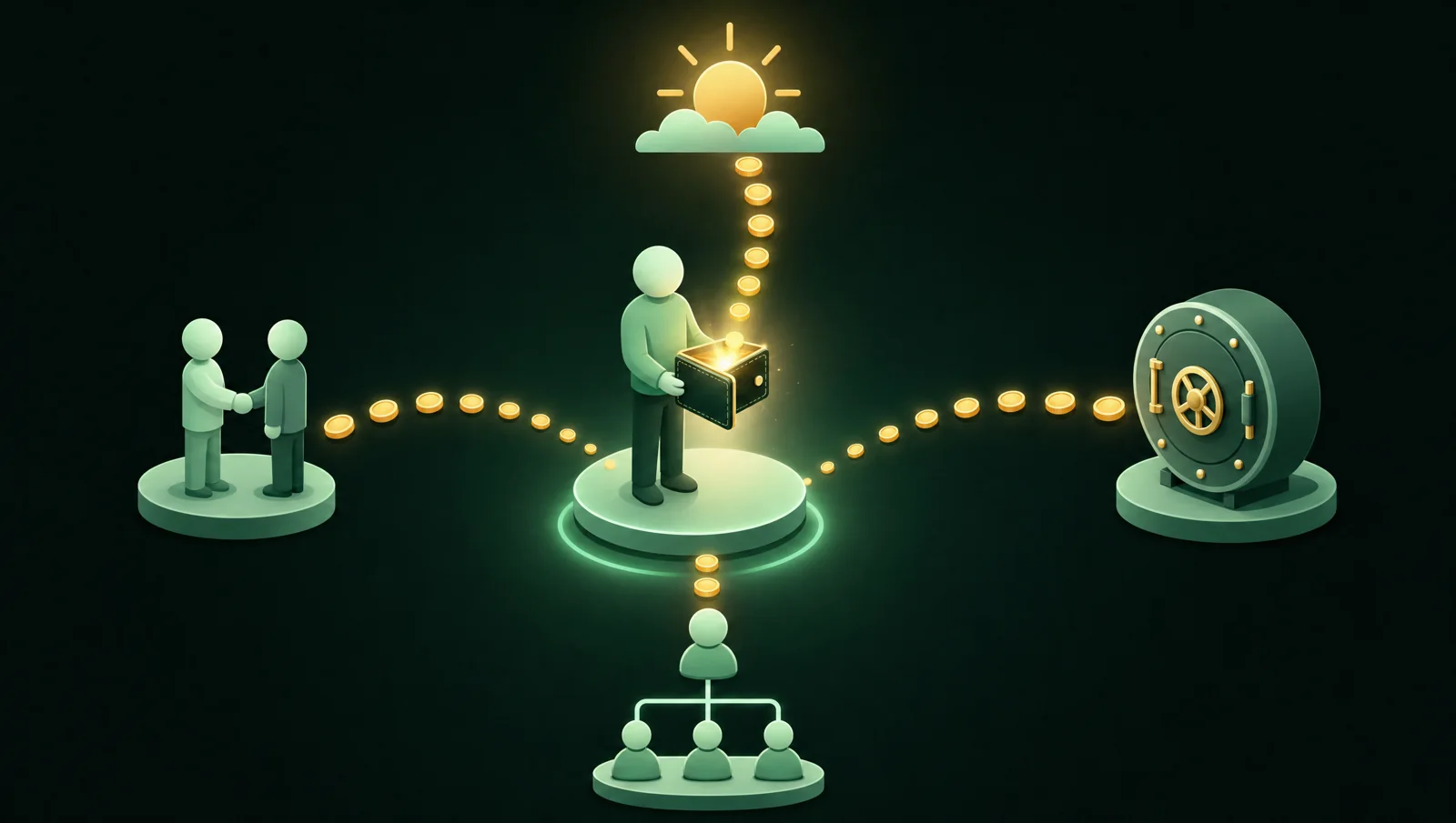A person collecting coins from four sources: the sun, a handshake, a team tree and a vault