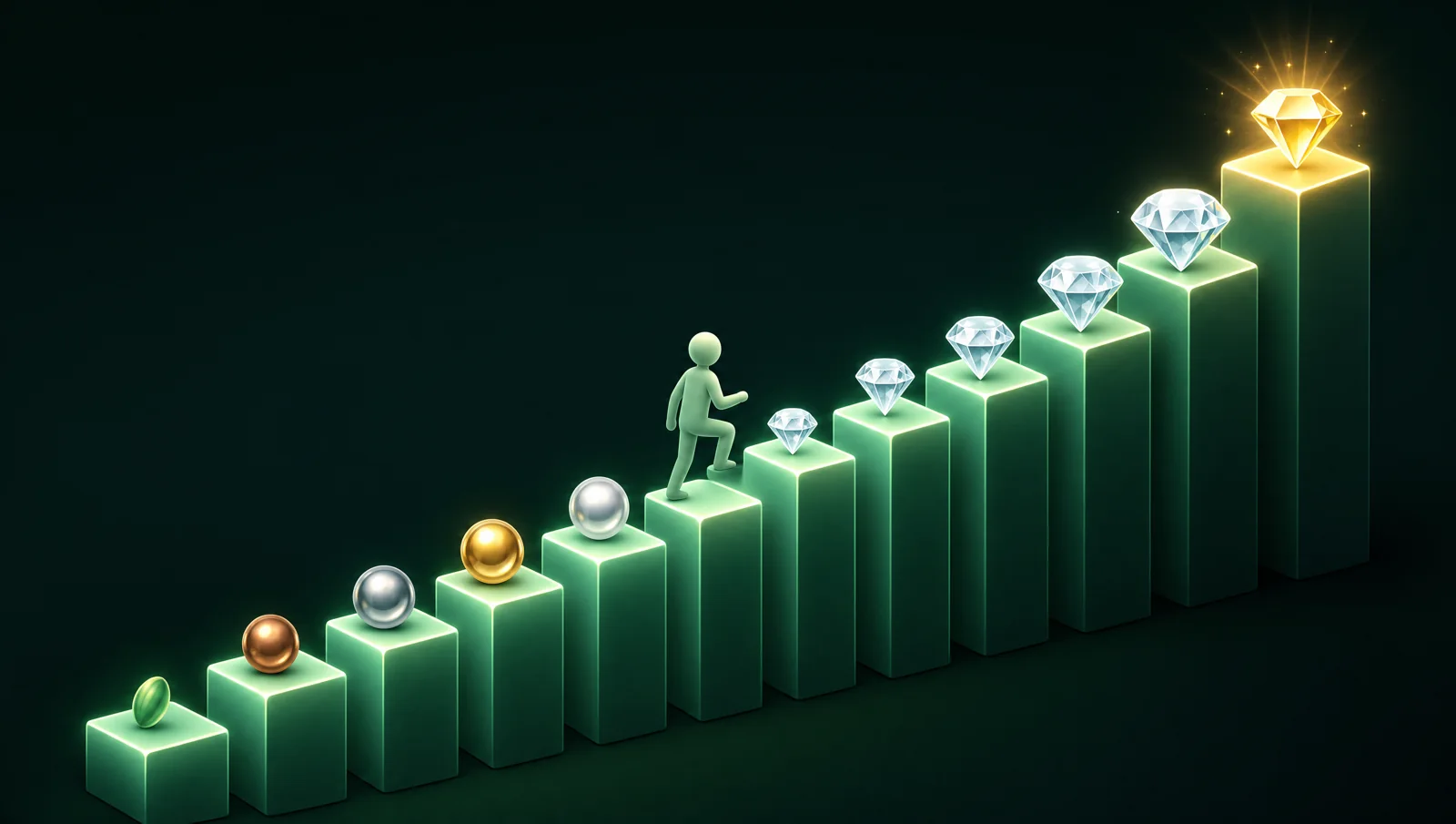 A staircase of eleven steps with gems growing from a seed to a golden diamond